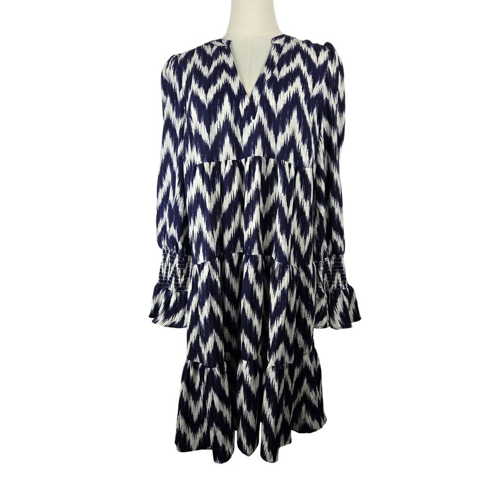 Pomander Place Navy Ikat Kenzo Mini Dress Medium Empire Waist Swing Boho Preppy - Picture 2 of 11